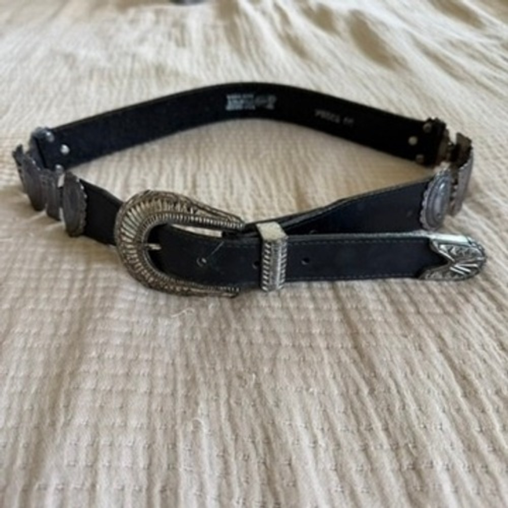 Vintage Justin Concho Belt Womens 30 Black Leather Western Engraved Silver Tone